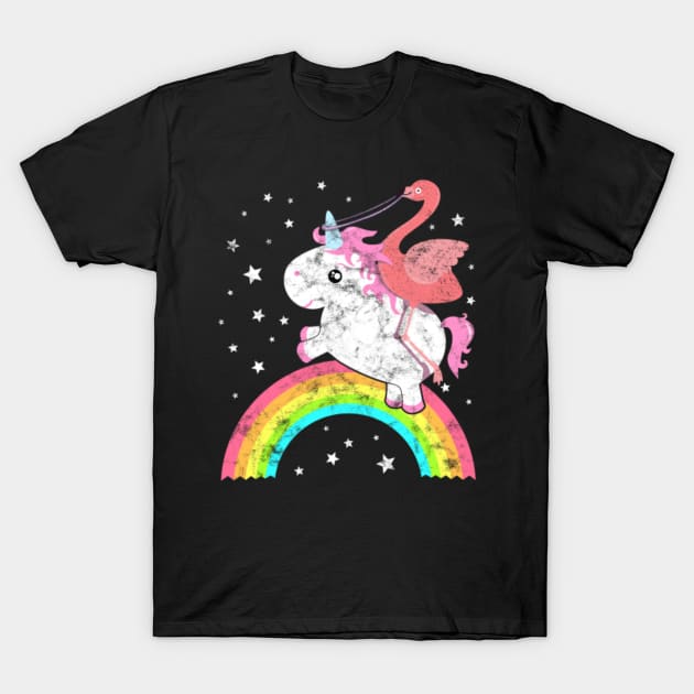 Cute Funny Unicorn Flamingo Riding Rainbow Awesome T-Shirt by Nulian Sanchez